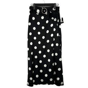 NWT Art Dealer Eva High Rise Polka Dot Satin Belted Midi Skirt Black Small